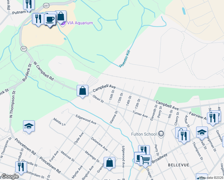 map of restaurants, bars, coffee shops, grocery stores, and more near 2777 Campbell Avenue in Schenectady