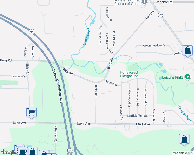 map of restaurants, bars, coffee shops, grocery stores, and more near 5866 Berg Road in Buffalo