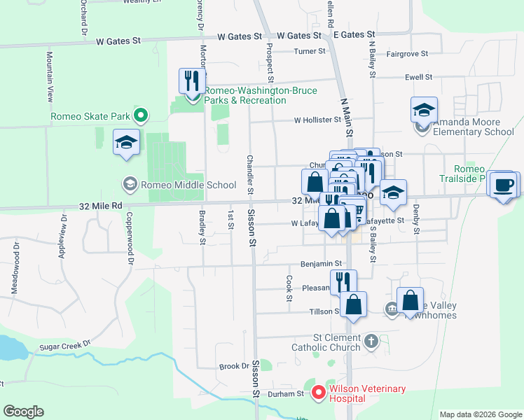 map of restaurants, bars, coffee shops, grocery stores, and more near 251 West Saint Clair Street in Romeo