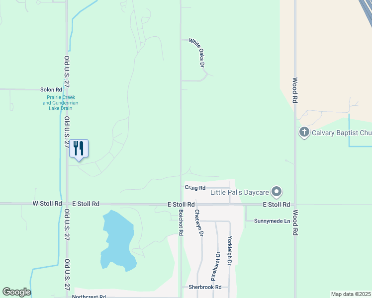 map of restaurants, bars, coffee shops, grocery stores, and more near 14745 Boichot Road in Lansing