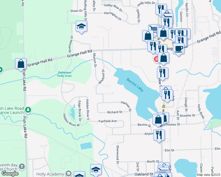 map of restaurants, bars, coffee shops, grocery stores, and more near 746 Marion Drive in Holly