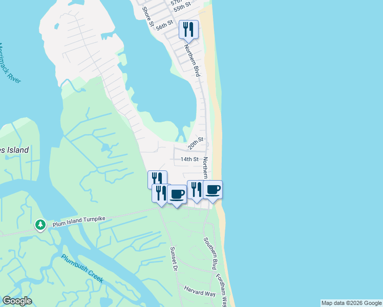 map of restaurants, bars, coffee shops, grocery stores, and more near 18 20th Street in Newbury