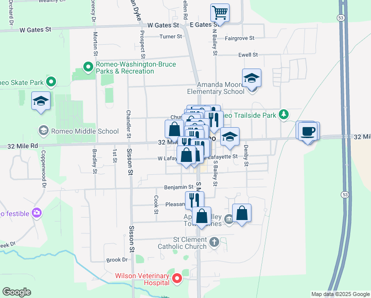map of restaurants, bars, coffee shops, grocery stores, and more near 111 South Rawles Street in Romeo