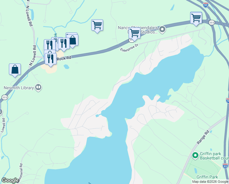 map of restaurants, bars, coffee shops, grocery stores, and more near 25 North Shore Road in Windham