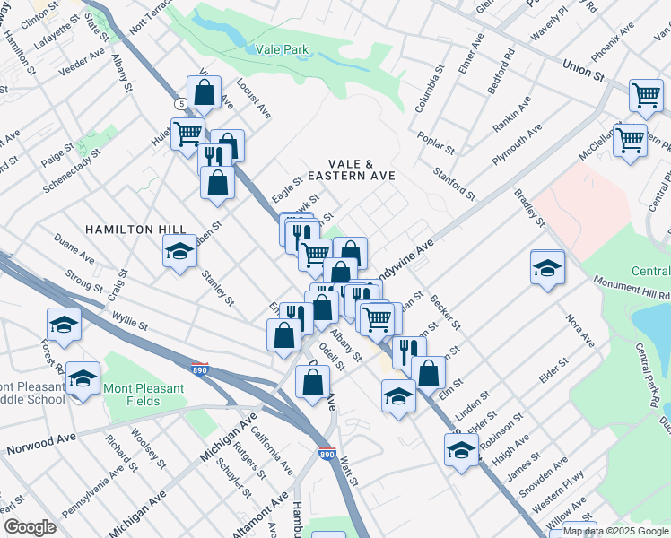 map of restaurants, bars, coffee shops, grocery stores, and more near 33 Waldorf Place in Schenectady