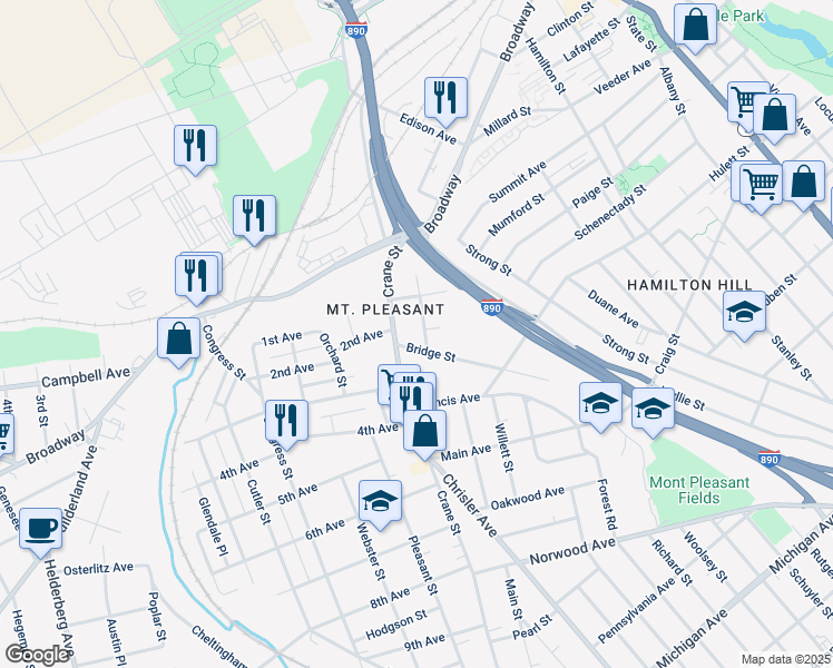 map of restaurants, bars, coffee shops, grocery stores, and more near in Schenectady