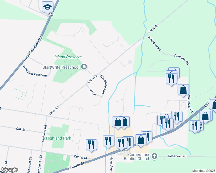 map of restaurants, bars, coffee shops, grocery stores, and more near 11 Woodbine Park in Geneseo