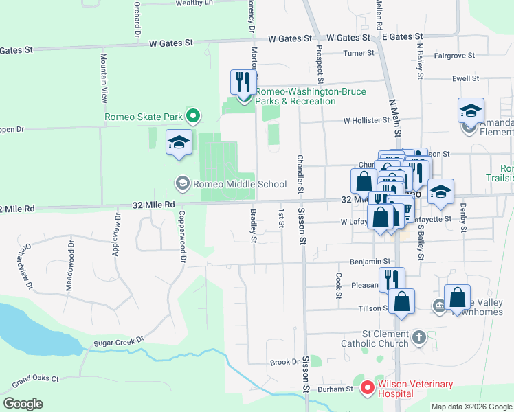 map of restaurants, bars, coffee shops, grocery stores, and more near 325 West Saint Clair Street in Romeo