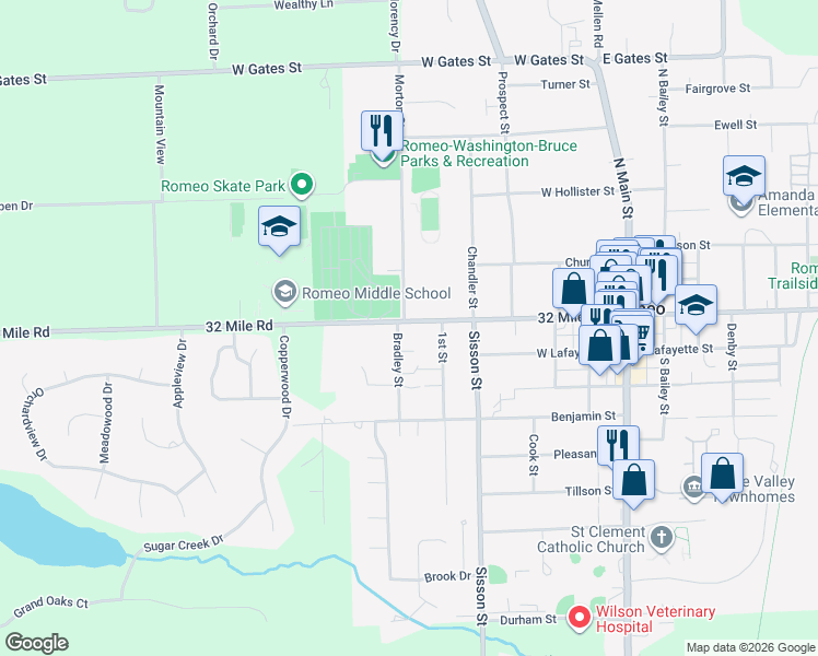 map of restaurants, bars, coffee shops, grocery stores, and more near 325 West Saint Clair Street in Romeo