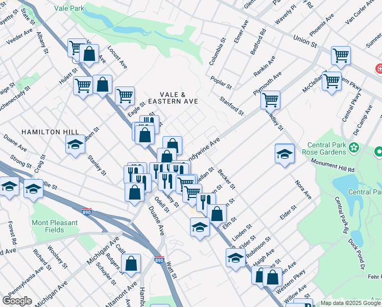 map of restaurants, bars, coffee shops, grocery stores, and more near 57 North Brandywine Avenue in Schenectady