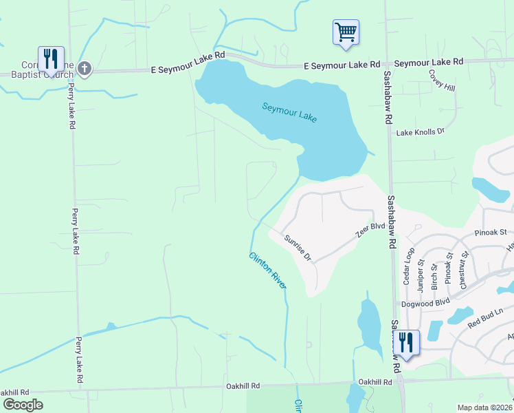 map of restaurants, bars, coffee shops, grocery stores, and more near 571 Sunrise Drive in Clarkston