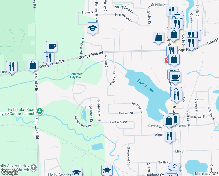 map of restaurants, bars, coffee shops, grocery stores, and more near 908 Winifred Drive in Holly