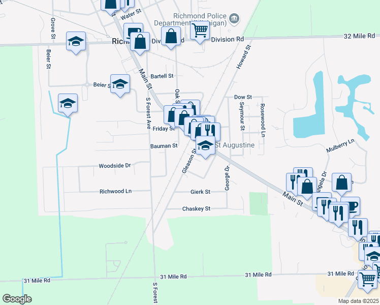 map of restaurants, bars, coffee shops, grocery stores, and more near 67919 Gleason Street in Richmond