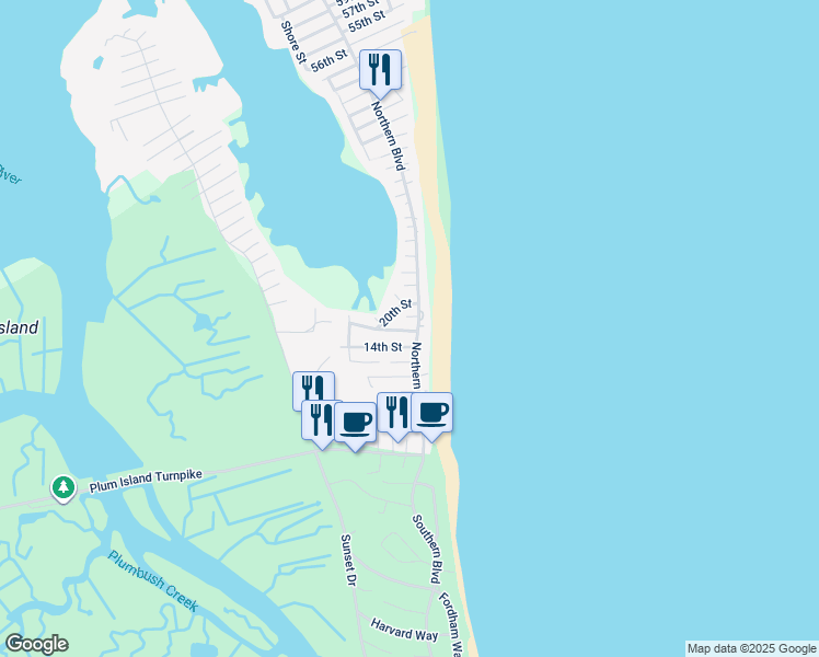 map of restaurants, bars, coffee shops, grocery stores, and more near Northern Boulevard in Newbury