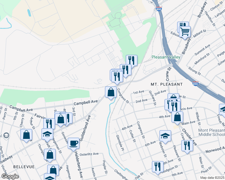 map of restaurants, bars, coffee shops, grocery stores, and more near 1479 Broadway in Schenectady