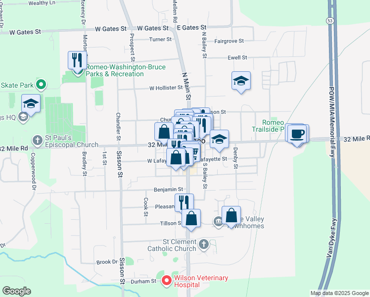 map of restaurants, bars, coffee shops, grocery stores, and more near in Romeo
