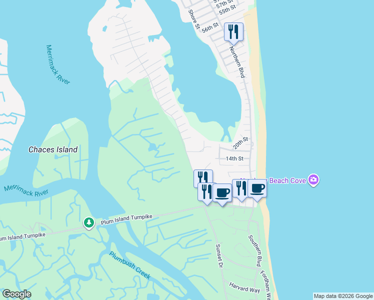 map of restaurants, bars, coffee shops, grocery stores, and more near 40 Old Point Road in Newbury
