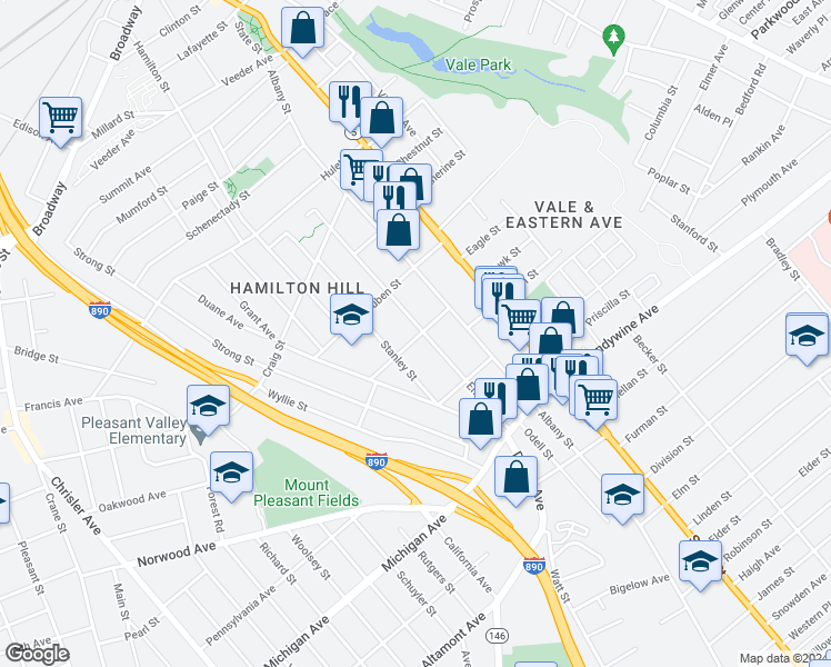 map of restaurants, bars, coffee shops, grocery stores, and more near 898 Emmett Street in Schenectady