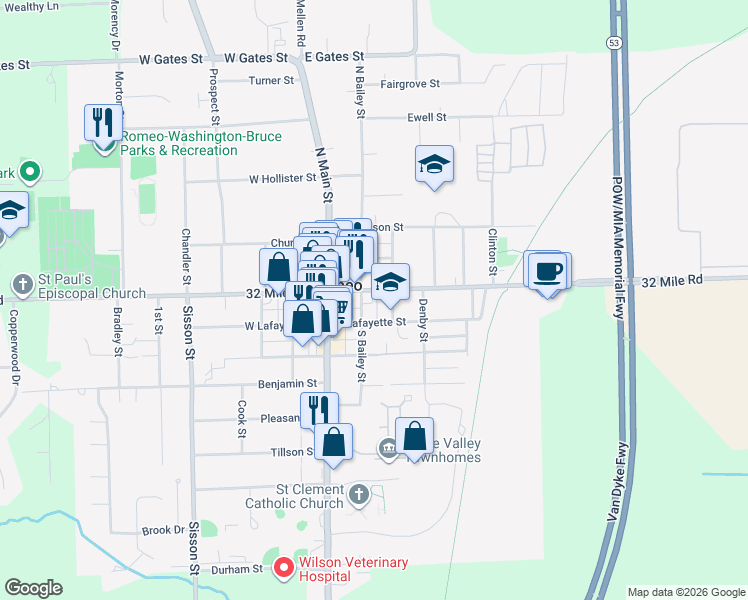 map of restaurants, bars, coffee shops, grocery stores, and more near 246 East Saint Clair Street in Romeo