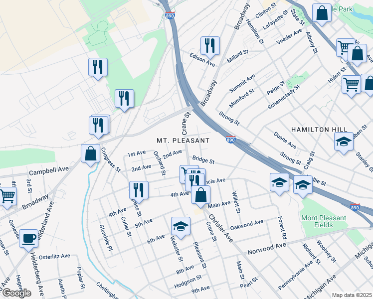 map of restaurants, bars, coffee shops, grocery stores, and more near Crane Street & 2nd Avenue in Schenectady