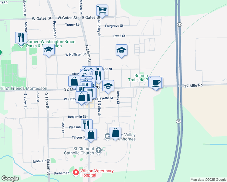 map of restaurants, bars, coffee shops, grocery stores, and more near 284 32 Mile Road in Romeo
