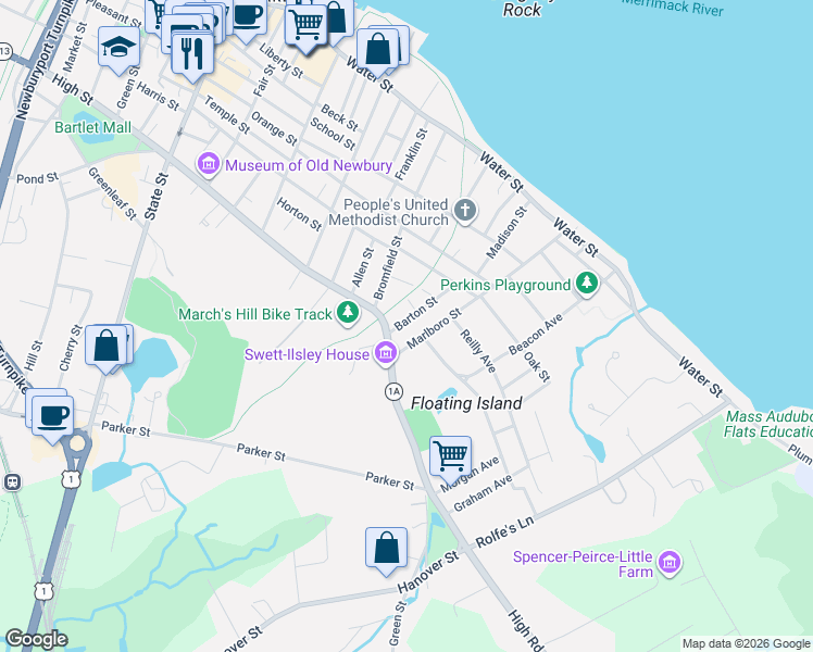 map of restaurants, bars, coffee shops, grocery stores, and more near 34 High Street in Newburyport