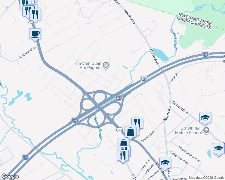 map of restaurants, bars, coffee shops, grocery stores, and more near 54 Whittaker Avenue in Haverhill