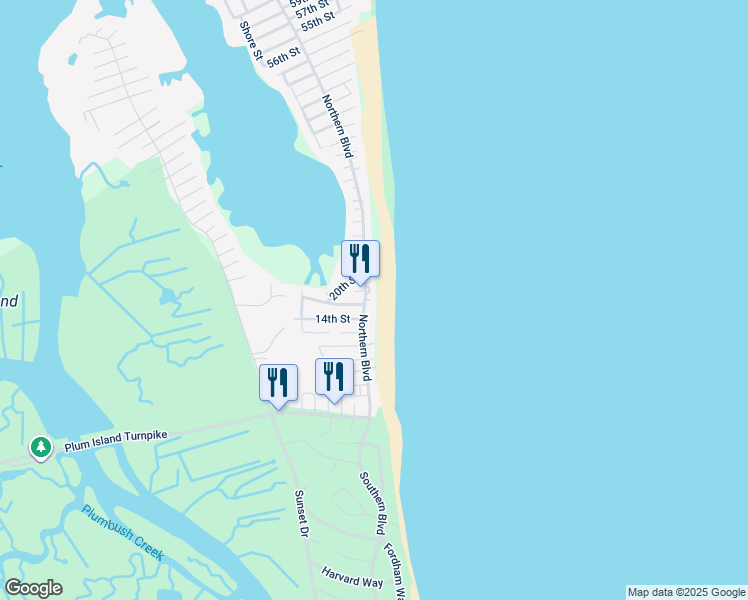 map of restaurants, bars, coffee shops, grocery stores, and more near 50 Northern Boulevard in Newbury
