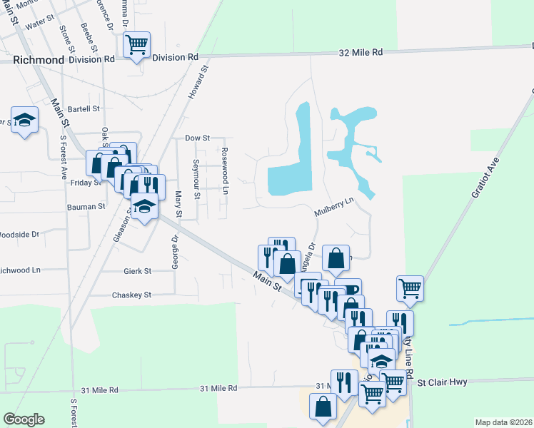 map of restaurants, bars, coffee shops, grocery stores, and more near 68186 Lake Angela Drive in Richmond