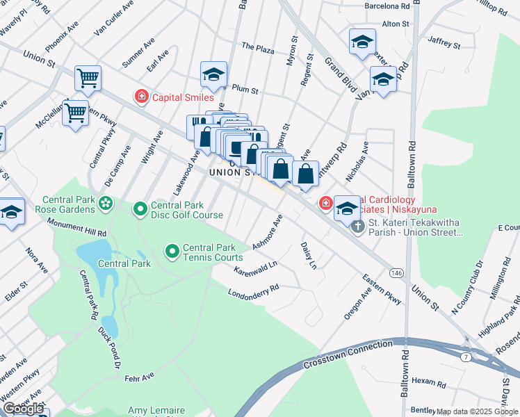 map of restaurants, bars, coffee shops, grocery stores, and more near 2124 Eastern Parkway in Schenectady
