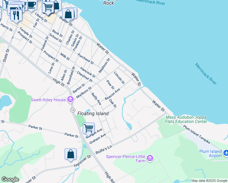 map of restaurants, bars, coffee shops, grocery stores, and more near 20 Pine St in Newburyport