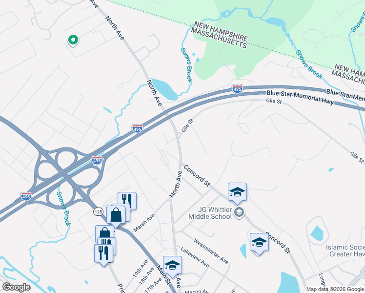 map of restaurants, bars, coffee shops, grocery stores, and more near 25 Lucas Drive in Haverhill