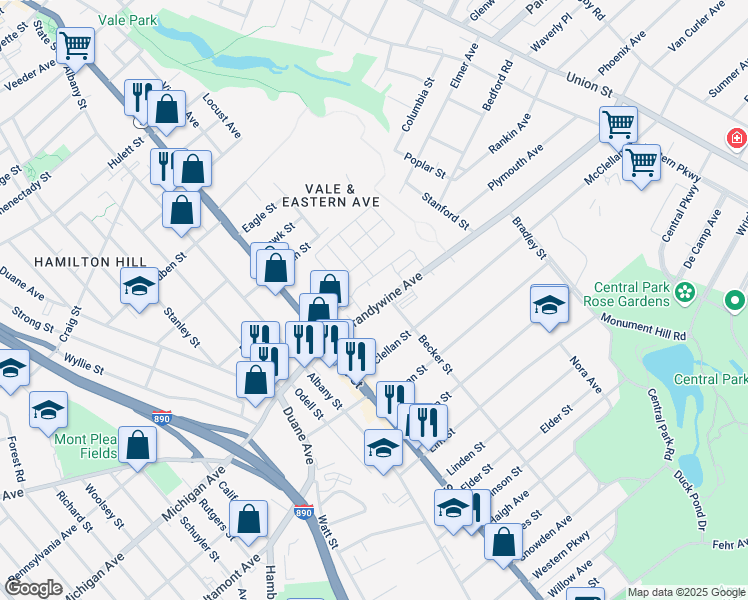 map of restaurants, bars, coffee shops, grocery stores, and more near 57 North Brandywine Avenue in Schenectady
