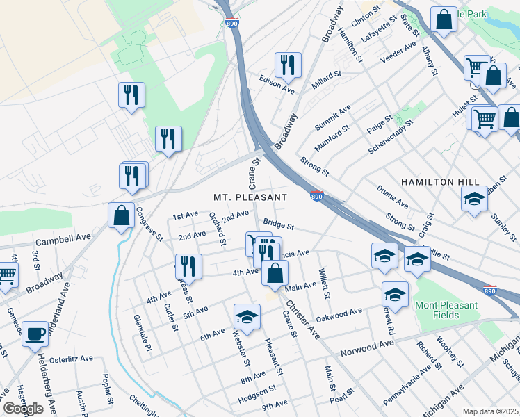 map of restaurants, bars, coffee shops, grocery stores, and more near in Schenectady