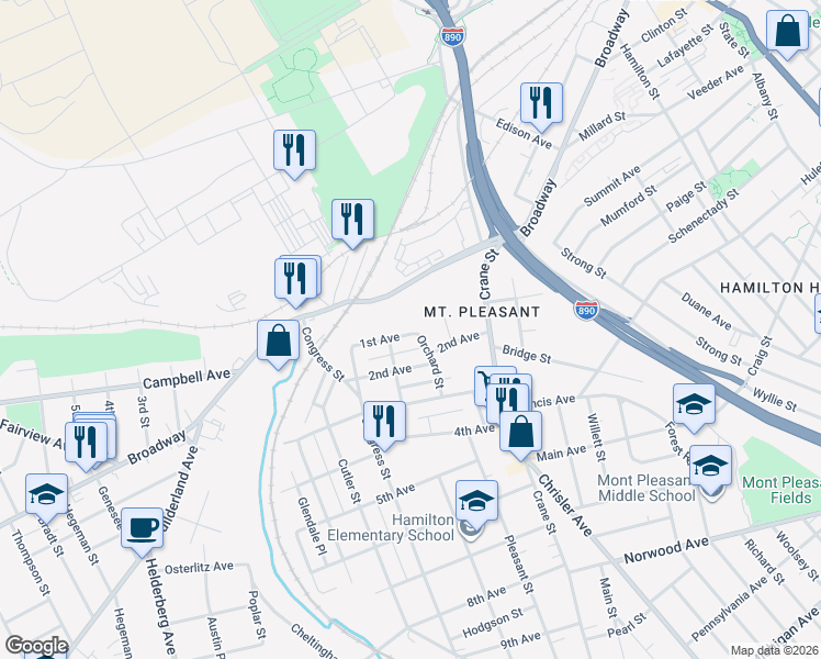 map of restaurants, bars, coffee shops, grocery stores, and more near 601 Orchard Street in Schenectady