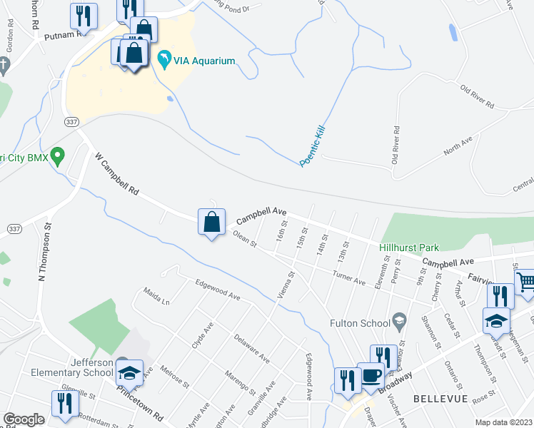 map of restaurants, bars, coffee shops, grocery stores, and more near 2828 Campbell Avenue in Schenectady