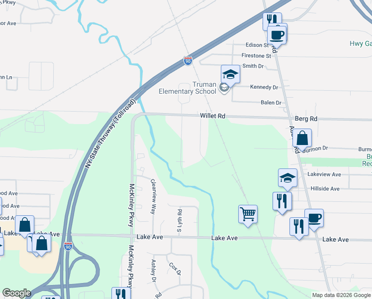 map of restaurants, bars, coffee shops, grocery stores, and more near 3067D Lyth Road in Buffalo
