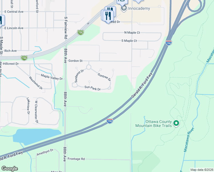 map of restaurants, bars, coffee shops, grocery stores, and more near 1887 Sun Park Drive in Zeeland