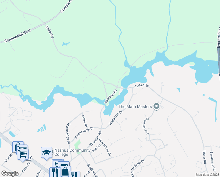 map of restaurants, bars, coffee shops, grocery stores, and more near 3 Stuart Drive in Merrimack