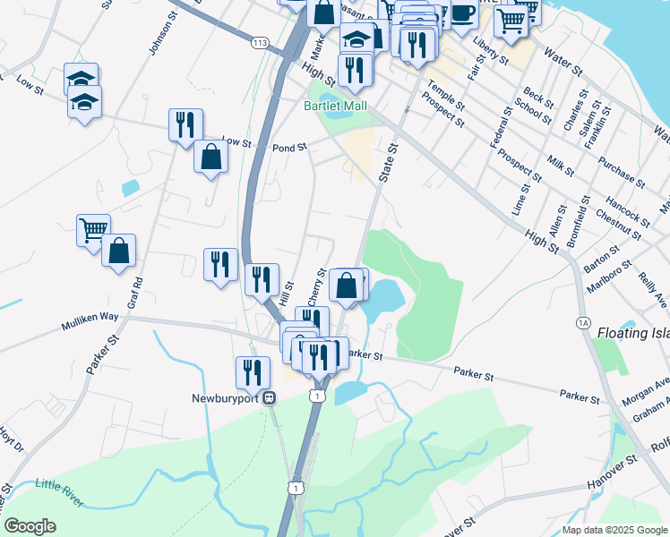 map of restaurants, bars, coffee shops, grocery stores, and more near 24 Cherry Street in Newburyport