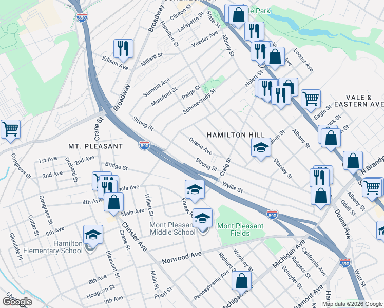 map of restaurants, bars, coffee shops, grocery stores, and more near 835 Strong Street in Schenectady