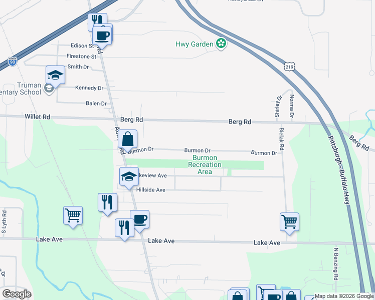map of restaurants, bars, coffee shops, grocery stores, and more near 128 Burmon Drive in Orchard Park