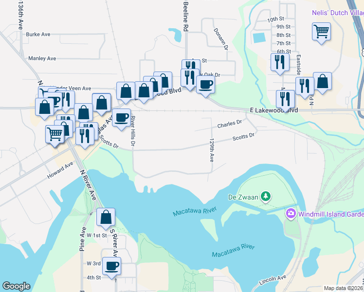 map of restaurants, bars, coffee shops, grocery stores, and more near 129 Scotts Drive in Holland