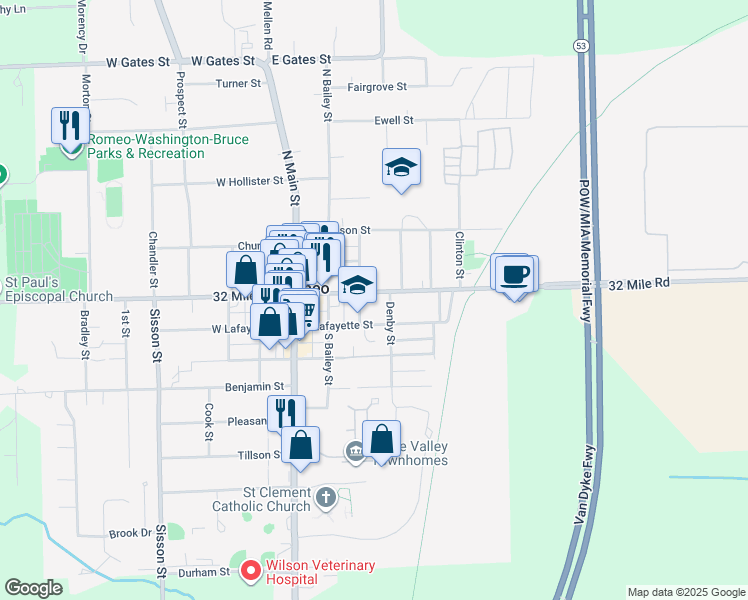 map of restaurants, bars, coffee shops, grocery stores, and more near 284 32 Mile Road in Romeo