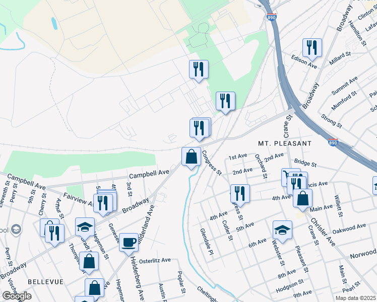 map of restaurants, bars, coffee shops, grocery stores, and more near 1479 Broadway in Schenectady