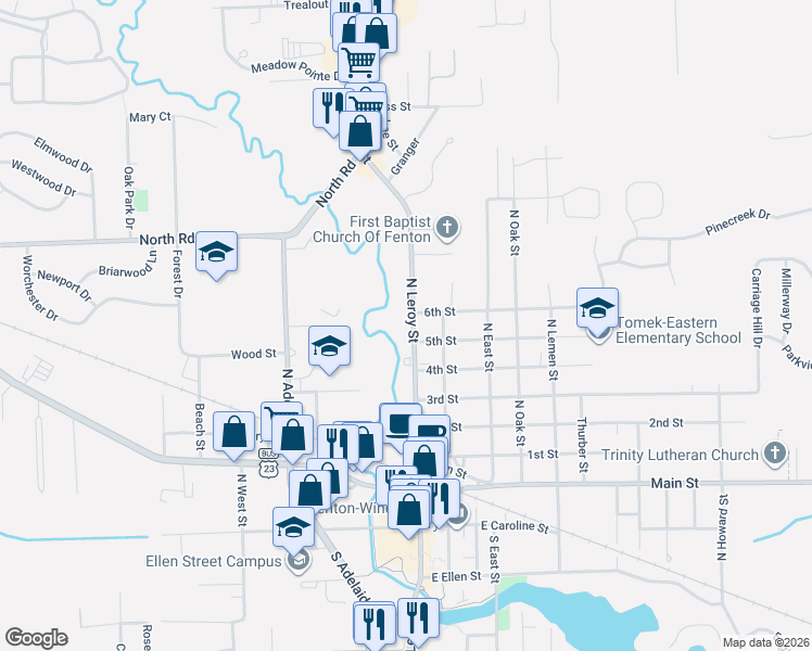 map of restaurants, bars, coffee shops, grocery stores, and more near 715 North Leroy Street in Fenton