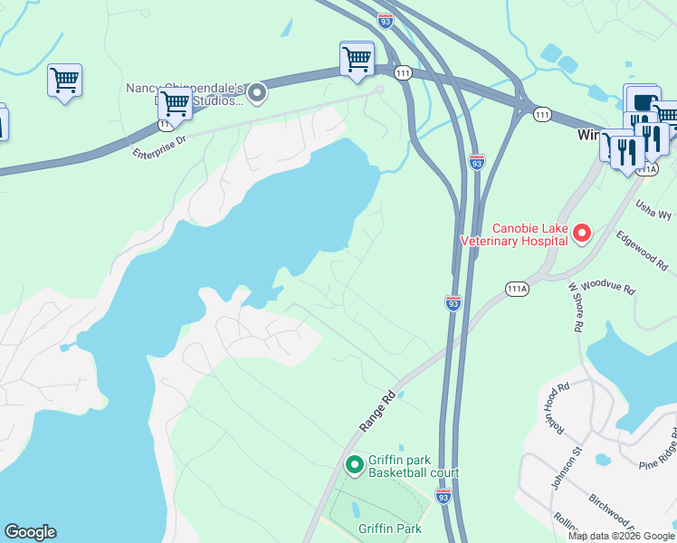 map of restaurants, bars, coffee shops, grocery stores, and more near 8 York Road in Windham