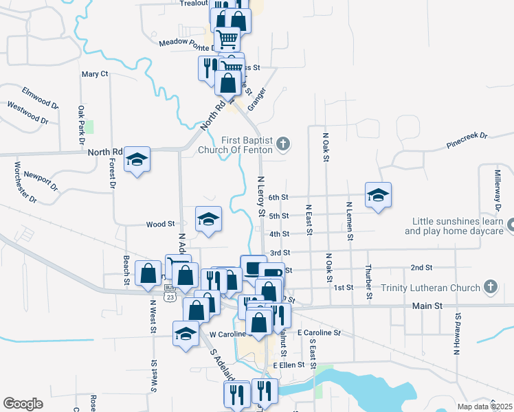 map of restaurants, bars, coffee shops, grocery stores, and more near 715 N Leroy St in Fenton
