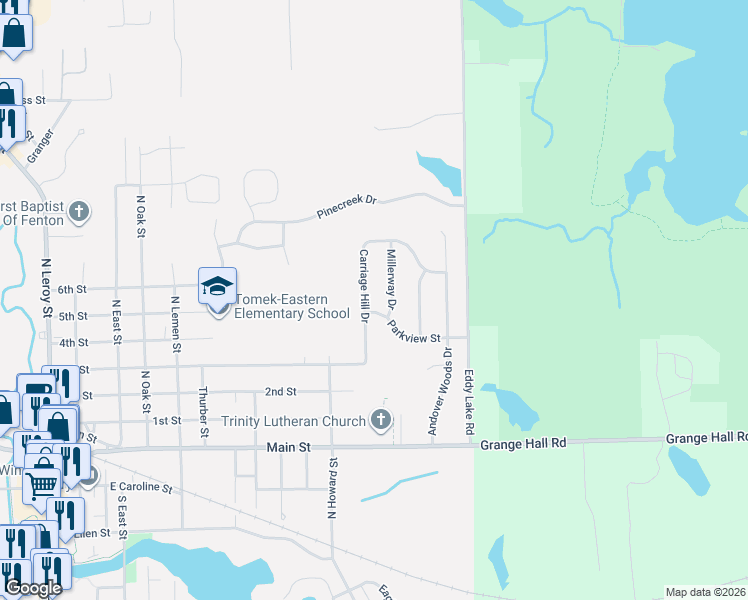 map of restaurants, bars, coffee shops, grocery stores, and more near 724 Carriage Hill Drive in Fenton