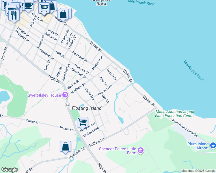 map of restaurants, bars, coffee shops, grocery stores, and more near 22 Beacon Avenue in Newburyport